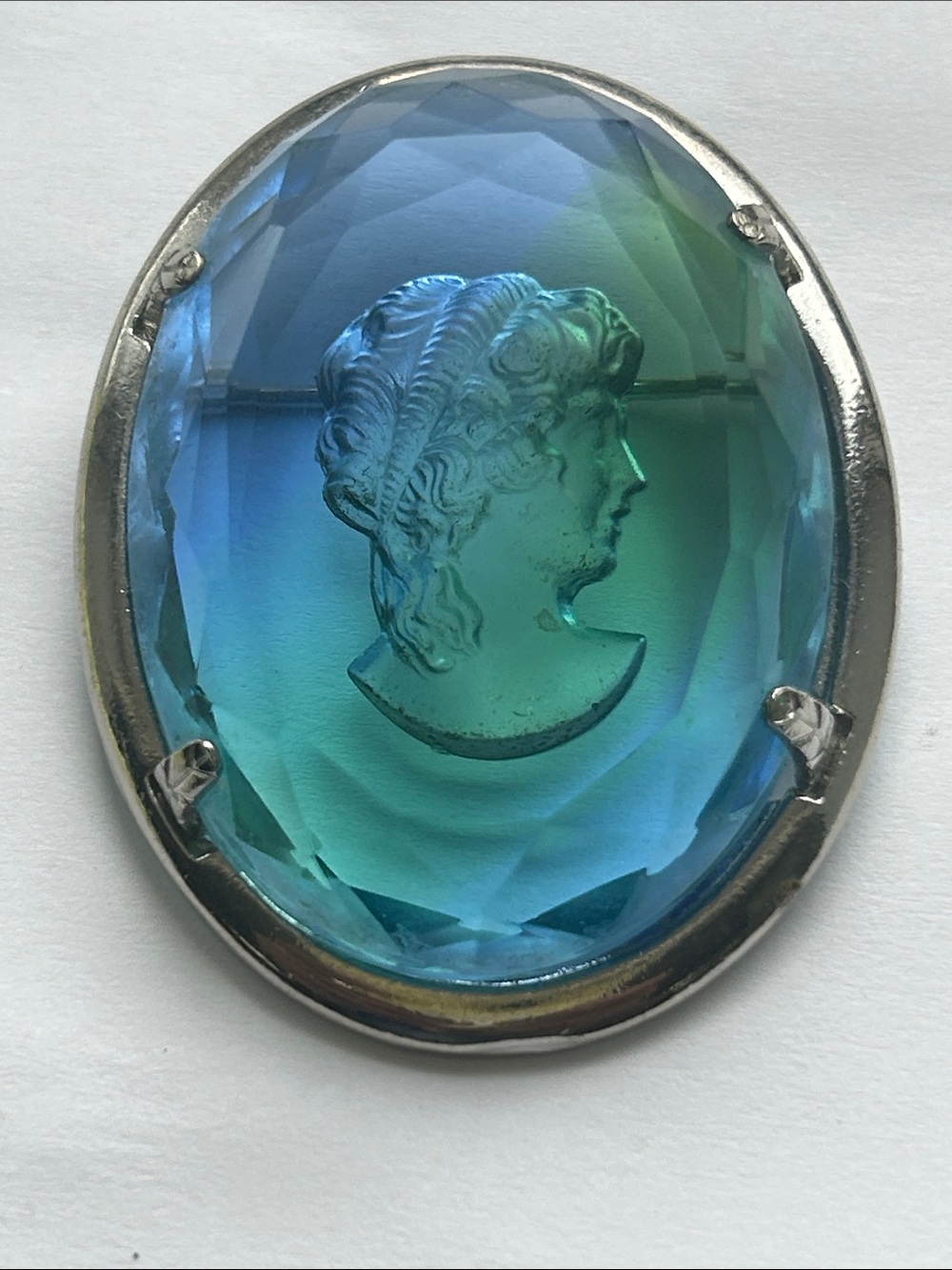 Warner Vintage Blue-Green Intaglio Reversed Carved Cameo Brooch